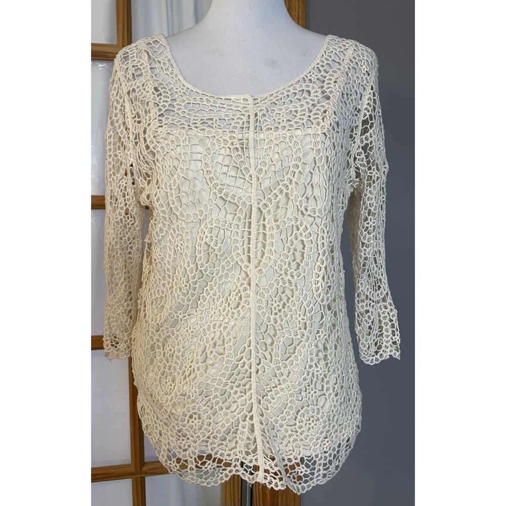 Adiva Crochet Blouse Womens Sz L Beige Floral Open Knit Cami Lining Cottagecore
